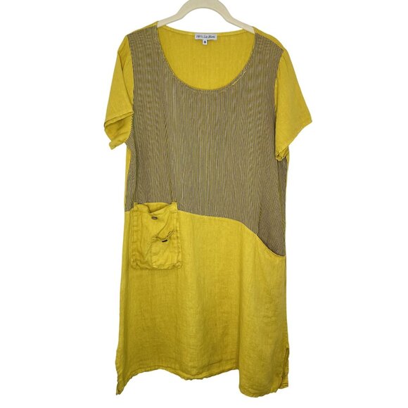 LIN BLANC Colorblock Yellow & Striped Linen Tunic Dress, 36 (S) - Picture 1 of 8